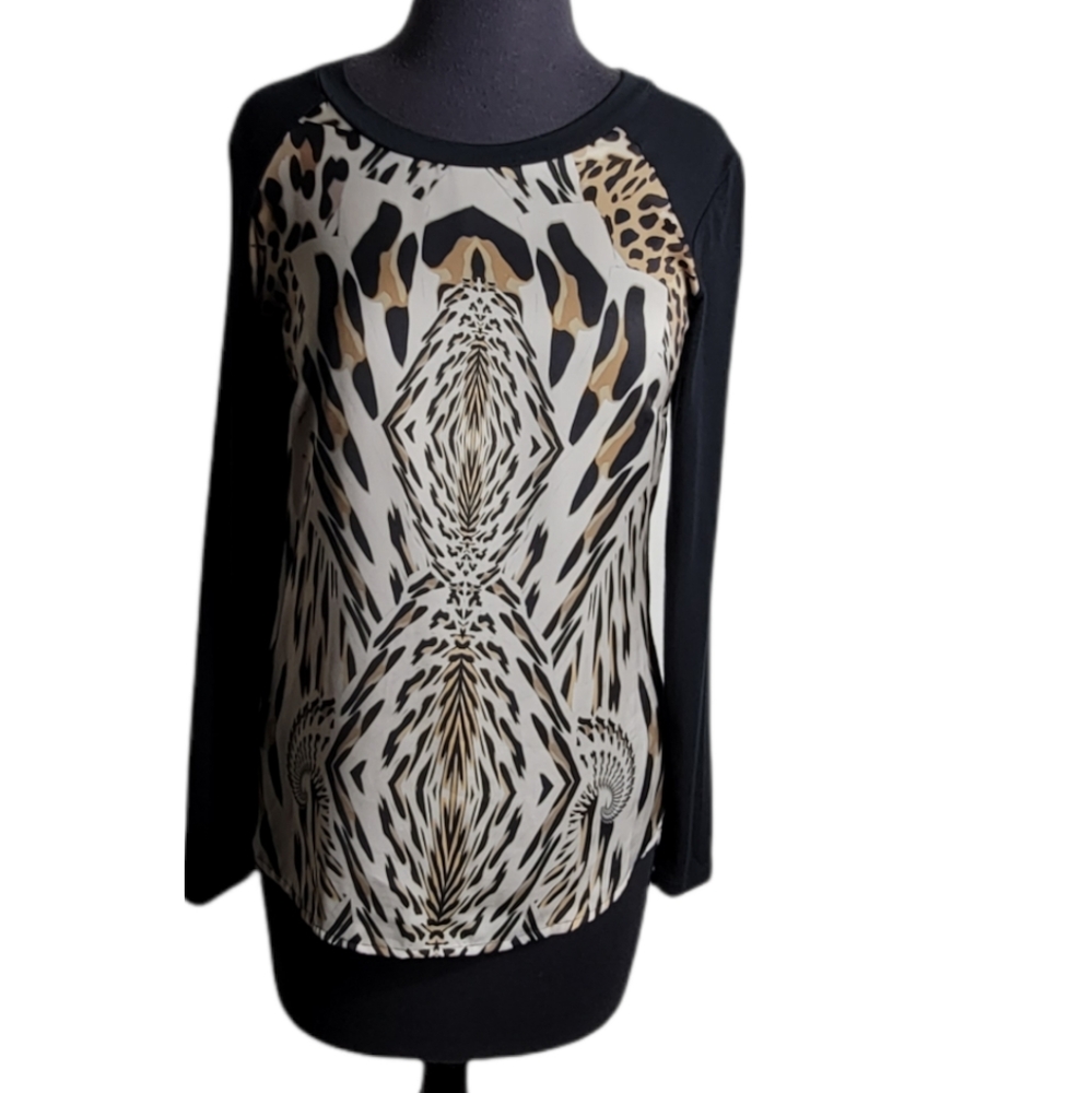 Javier Simorra Barcelona animal print top size 4 black tan cream long sleeve